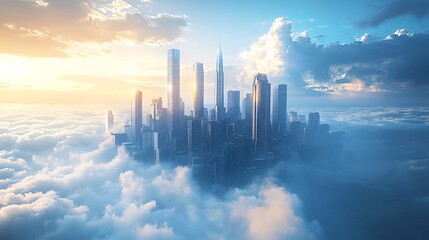 Fototapeta premium Surreal floating city skyline in the clouds surrounded by soft fluffy cloudscapes above