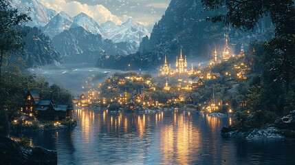 Obraz premium Night view of Lakeside Castle