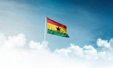 Ghana national flag with mast waving in beautiful sky. Ghana flag for Republic Day and Independence...