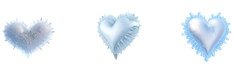 Frozen heart set, cut-out style, ideal for conveying emotions like heartbreak or coldness in designs, digital art, or seasonal marketing.

