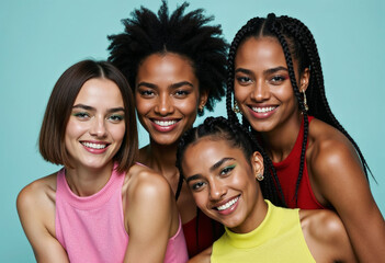 Fototapeta premium Portrait of four young women of different races smiling