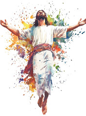 Resurrected Jesus Christ Walking on Clouds, Vibrant Religious Artwork