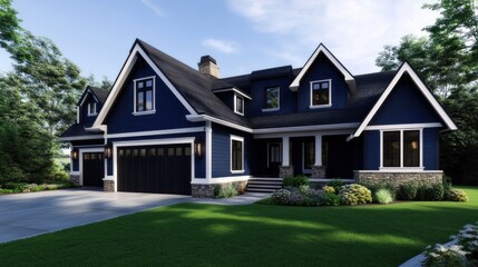 Suburban blue house, landscaped yard, sunny day, architectural rendering