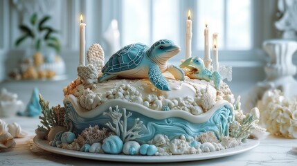 Elaborate turtle themed cake with candles celebrating a special birthday event