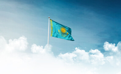 Kazakhstan national flag with mast waving in beautiful sky. Kazakhstan flag for Republic Day and...