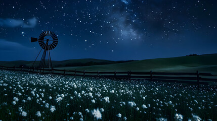 Enchanting Night Landscape: Starry Sky over Windmill and Flower Field