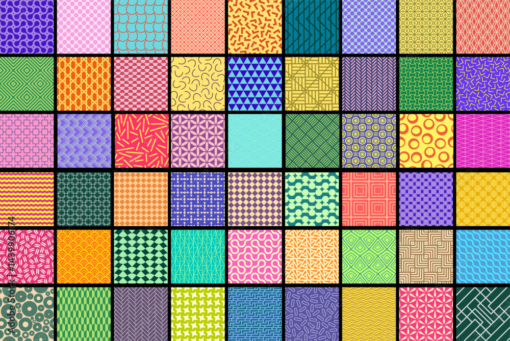 Poster Collection of colorful geometric seamless patterns in different styles. Repeatable bright unusual trendy backgrounds. Vibrant endless prints