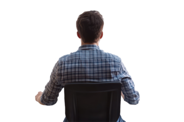 Back view of man sitting and using computer isolated on white background for design projects