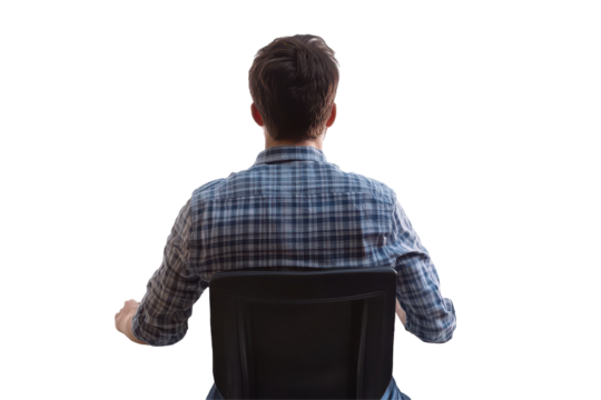 Back view of man sitting and using computer isolated on white background for design projects