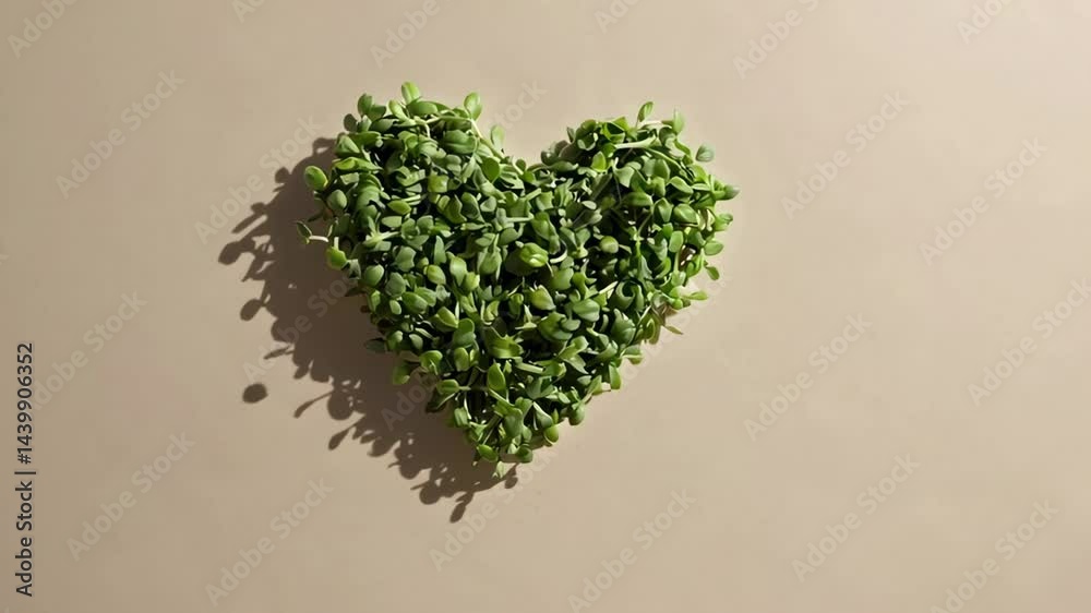 Aufkleber Fresh microgreens arranged in a heart shape on a beige background create a visually appealing representation of healthy eating and natural goodness