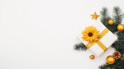 Christmas tree with gift box and sunflowers on white background with a kings birthday banner in royal yellow color