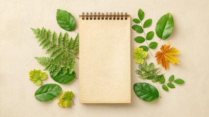 Notepad with blank sheet surrounded by green leaves on a natural background for creative hobbies