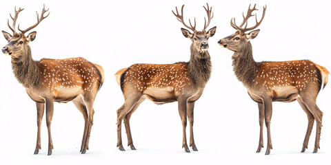 Obraz premium Three sika deer, two bucks and a doe, stand majestically against a white backdrop.