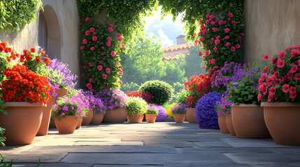 Fototapeta premium Vibrant Flower Garden: Blooming Terracotta Pots and Stone Path