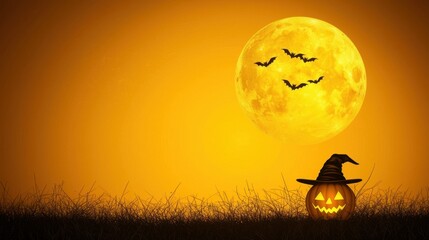 Halloween pumpkin with bats flying in the sky and decorative banner frame featuring pumpkins