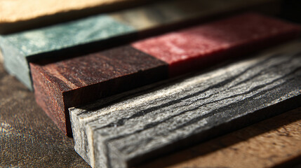 Assorted colorful floor samples arranged for comparison.