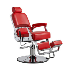 Fototapeta premium a vibrant red barber chair with chrome accents is showcased against a plain white background, highlighting its classic design and comfortable features.