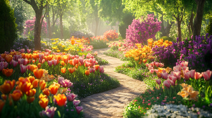 Obraz premium Serene Spring Garden: A Path Through Blooming Tulips and Lush Flowers