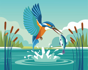 vector kingfish on the beach catches fish 