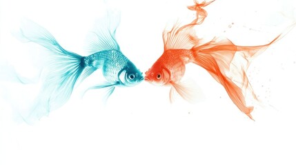 Fototapeta premium Two goldfish, teal and orange, facing each other, in a graceful, abstract style, with flowing fins and a soft, ethereal quality, against a white background