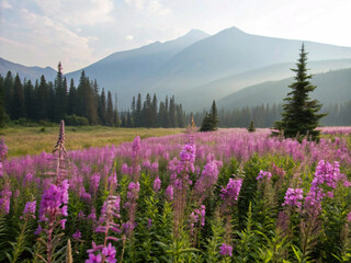 The image showcases an expansive meadow carpeted with vibrant pink fireweed, set against a backdrop of hazy blue and grey mountains under a soft light