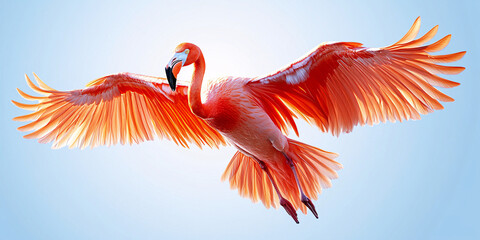 A stunning flamingo takes flight, its vibrant plumage a spectacle against a clear sky.