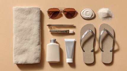 Summer Beach Essentials Arrangement on Soft Beige Background