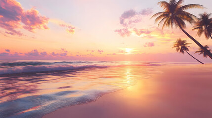 Pink Sunset on Tropical Beach: Palm Trees Ocean Waves and Golden Sky
