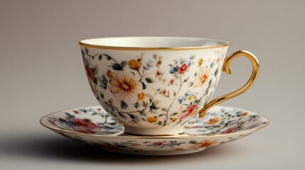 Elegant vintage floral porcelain teacup with gold trim and matching saucer featu intricate colorful flower patterns for sophisticated tea time accessories