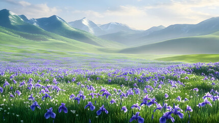 Fototapeta premium Majestic Mountain View with Blooming Irises Field