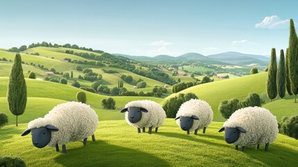 Fototapeta premium Sheep Grazing on Rolling Hills, Pastoral Scene