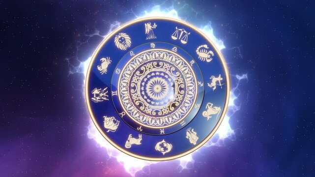 Complete Zodiac Signs Wheel spinning with energy aura emitting from it Seamless Looping CGI Animation