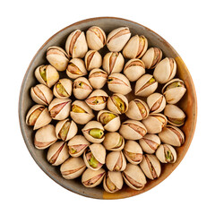 Pistachios in bowl isolated on white. Pistachio nuts in peel. Top view.