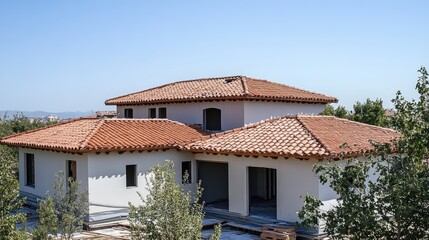Fototapeta premium Partially installed roofing tiles on a half-finished house
