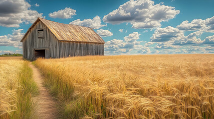 Obraz premium Serene Countryside: Golden Wheat Field and Rustic Barn
