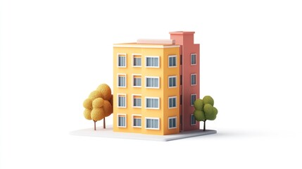 Colorful, stylized model of a two-story apartment building with trees, set against a white background