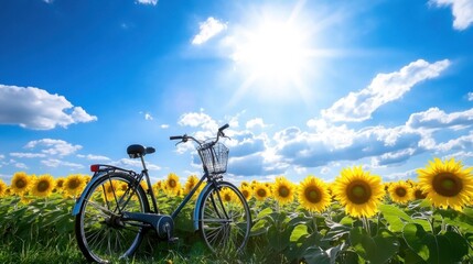 Fototapeta premium Bicycle parked beside a sunflower field under a bright summer sky