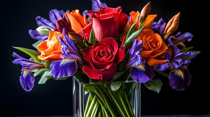 Obraz premium Stunning Bouquet: Orange Roses Purple Irises and Red Roses in Glass Vase