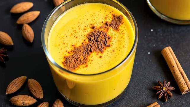 Golden turmeric drink with spices and almonds on a dark background  