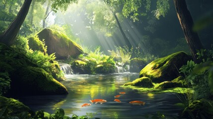 Sunlit Forest Stream with Koi