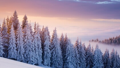 Obraz premium Snow-covered pine trees under a colorful sky with misty clouds in a serene winter landscape.