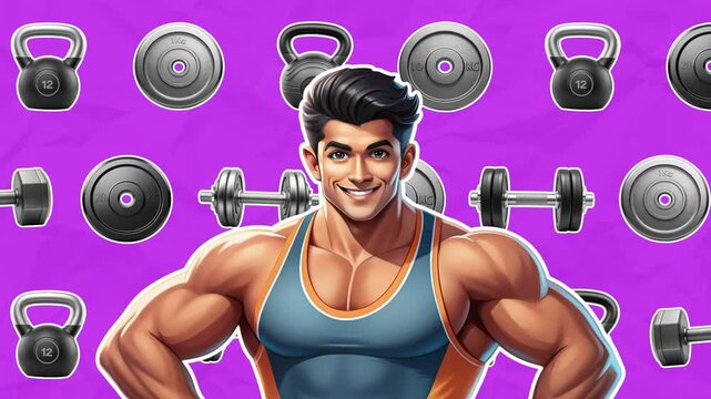 A smiling bodybuilder with muscles appears, behind him, rows of sports equipment move. Bodybuilding concept. Stop motion animation on violet paper background