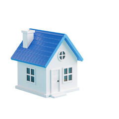 a minimalist, light blue house with a contrasting blue roof and white chimney is isolated on a white background.