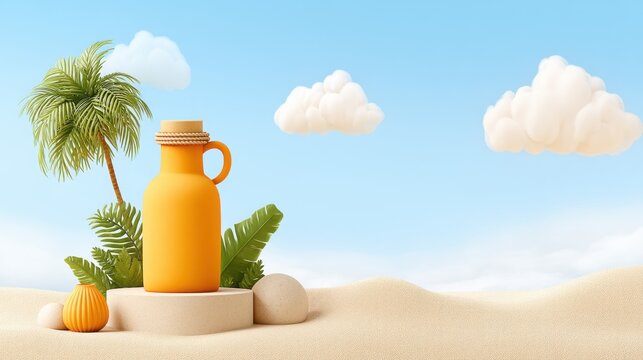 Illustration of a summer drink bottle with a palm tree on a sand dune in a 3d mockup design - Powered by Adobe