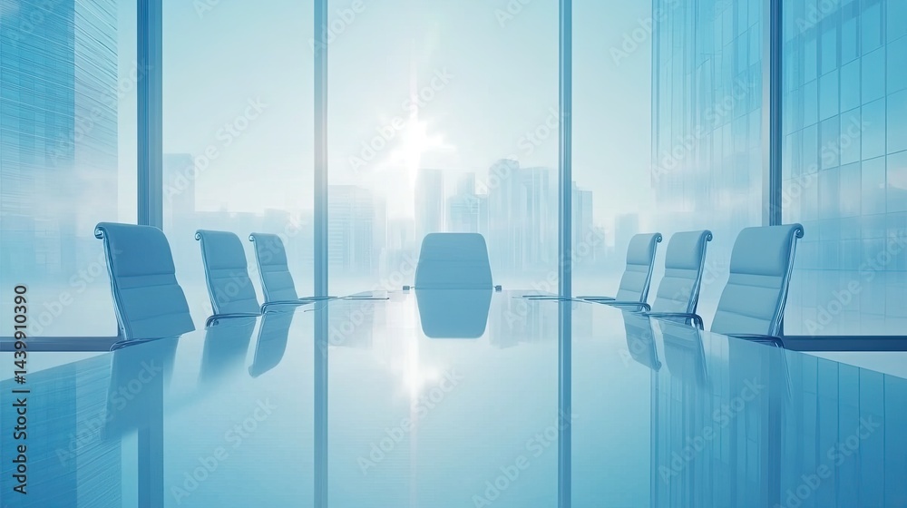 Wall mural serene boardroom with a reflective table overlooking an urban skyline