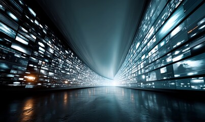 Obraz premium A vast futuristic control room lit by cold blue lights, filled with endless rows of glowing digital screens