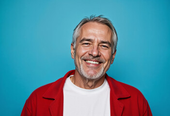 Portrait of smiling gray-haired man in white t-shirt and red shirt on blue background