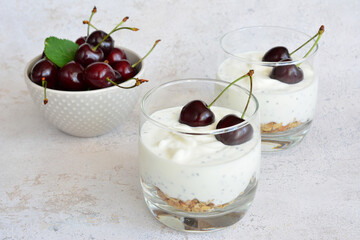Delicious Yogurt with chia seeds and Fresh Cherries in drinking glass