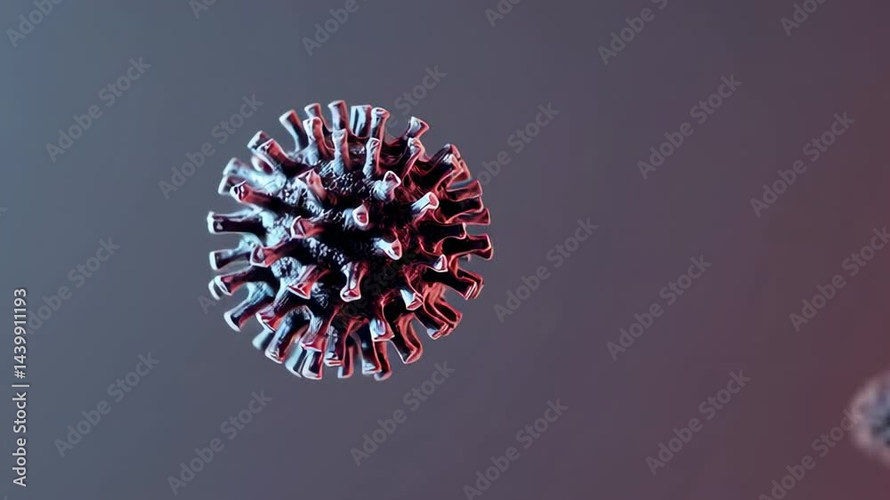 Poster microscopic view of a dangerous virus cell slowly rotating, isolated on a neutral background, useful