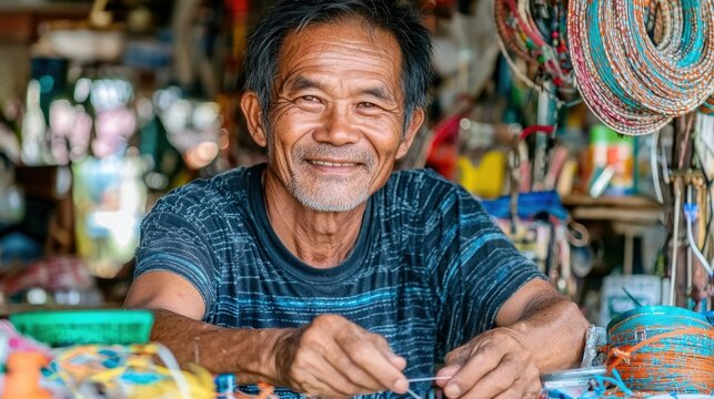 Smiling craftsman making jewelry in his workshop